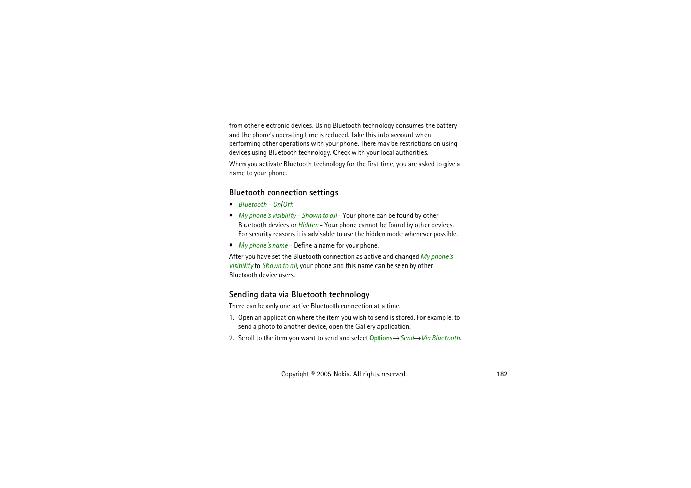 Bluetooth connection settings, Sending data via bluetooth technology | Nokia 3230 User Manual | Page 182 / 210