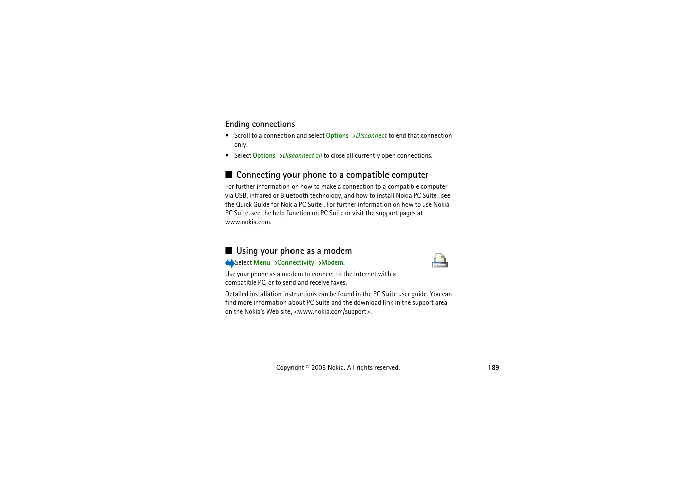 Ending connections, Connecting your phone to a compatible computer, Using your phone as a modem | Nokia 3230 User Manual | Page 189 / 210