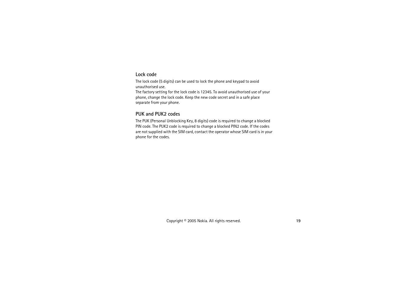 Lock code, Puk and puk2 codes, Lock code puk and puk2 codes | Nokia 3230 User Manual | Page 19 / 210