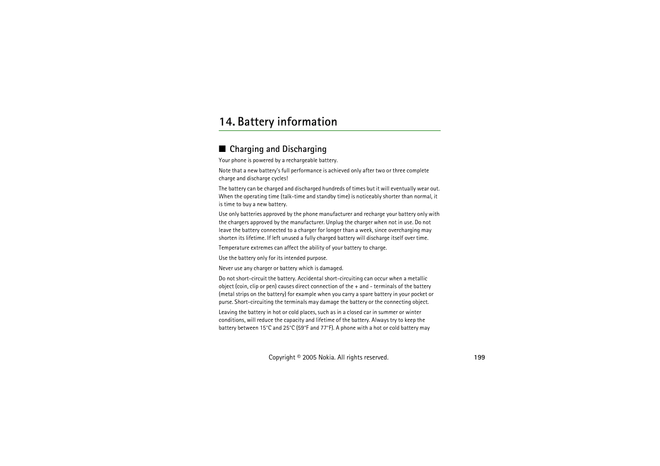 Battery information, Charging and discharging | Nokia 3230 User Manual | Page 199 / 210