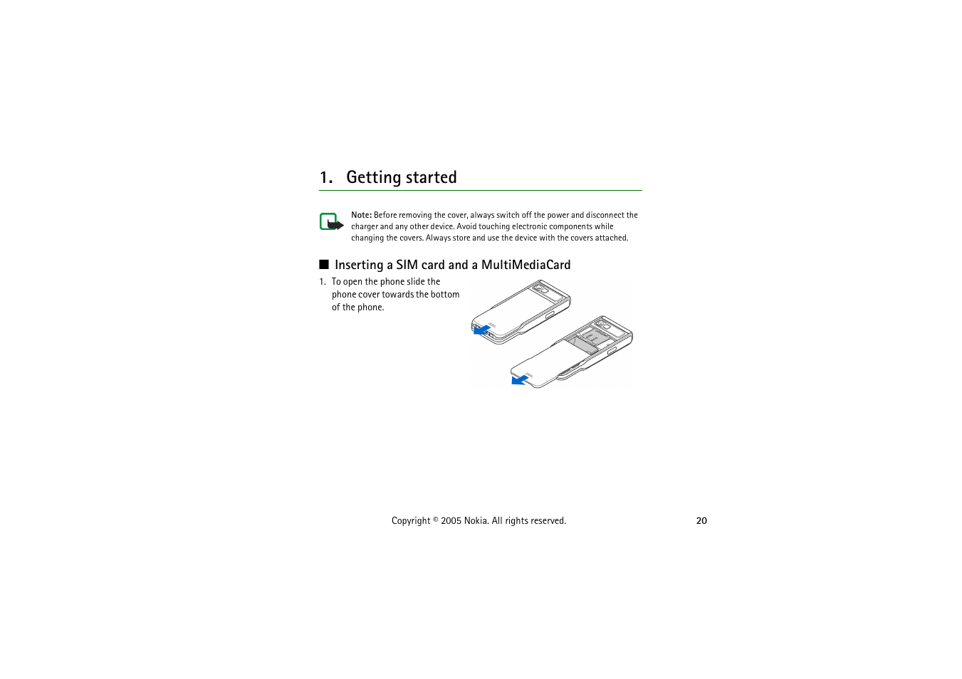 Getting started, Inserting a sim card and a multimediacard | Nokia 3230 User Manual | Page 20 / 210