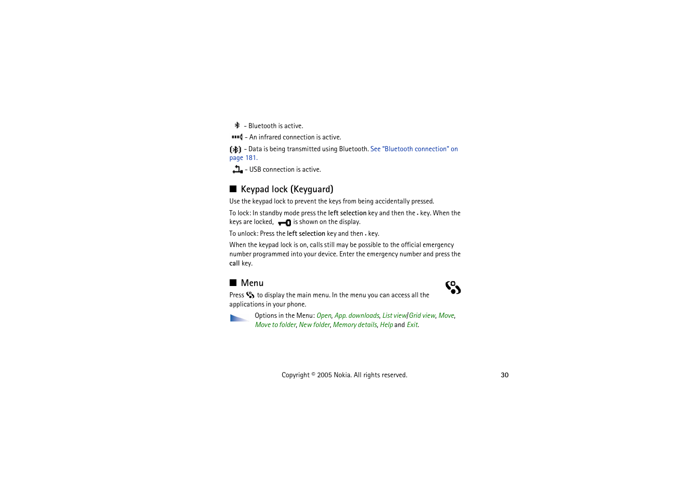 Keypad lock (keyguard), Menu, Keypad lock (keyguard) menu | Nokia 3230 User Manual | Page 30 / 210