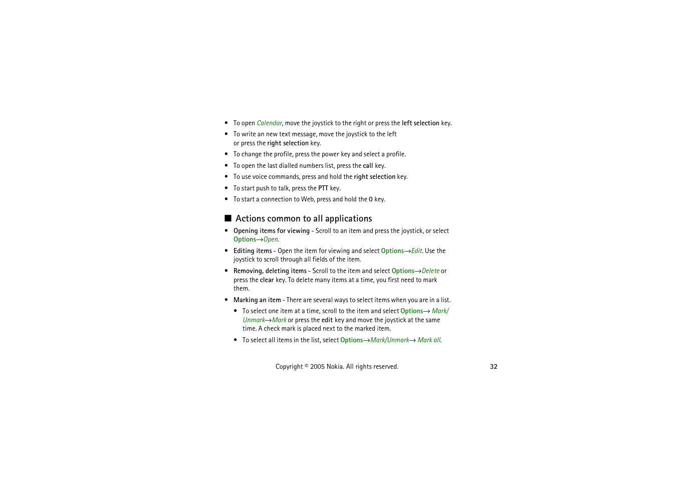 Actions common to all applications | Nokia 3230 User Manual | Page 32 / 210
