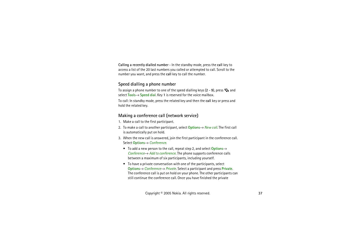 Speed dialling a phone number, Conference call | Nokia 3230 User Manual | Page 37 / 210