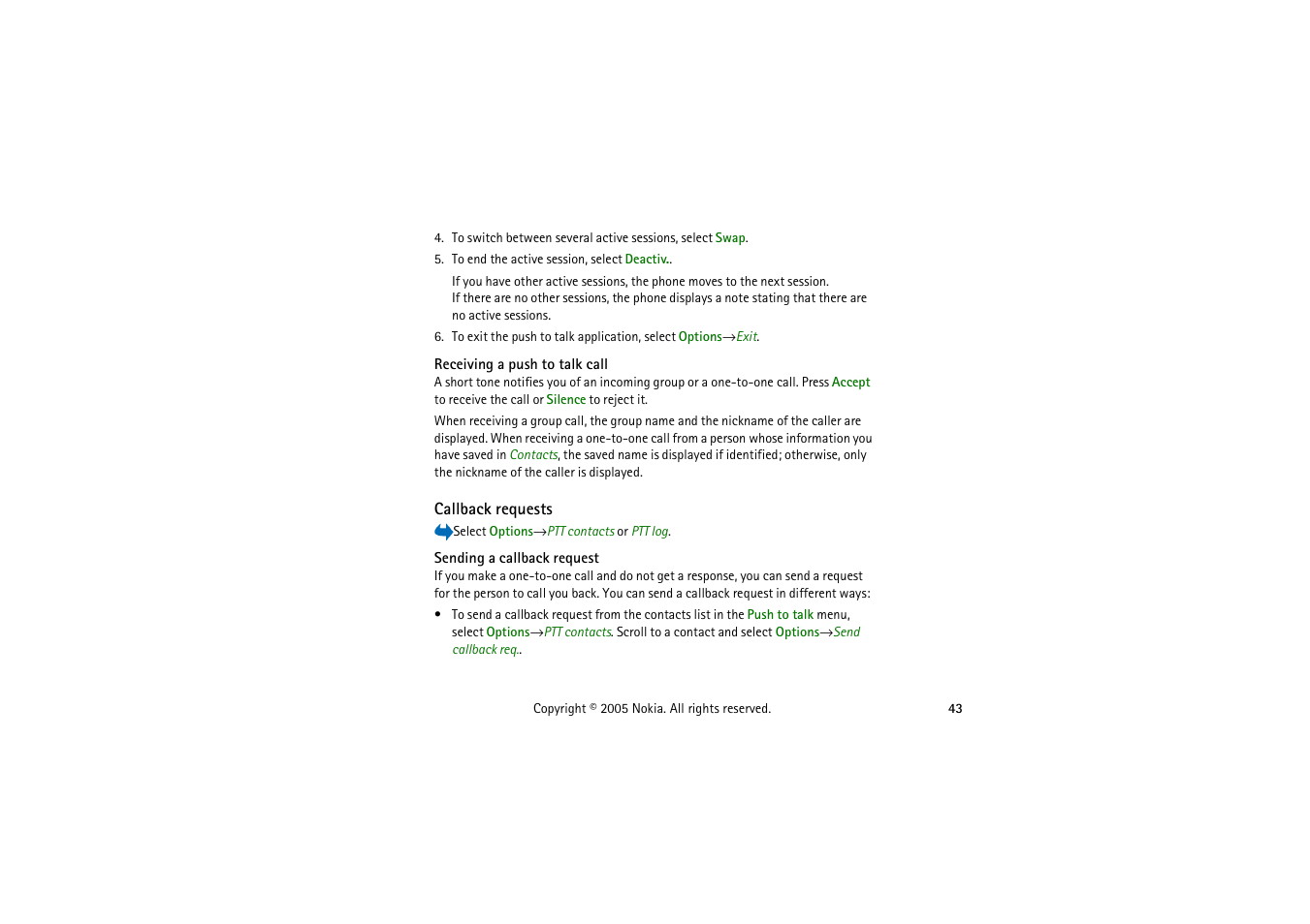Receiving a push to talk call, Callback requests, Sending a callback request | Nokia 3230 User Manual | Page 43 / 210