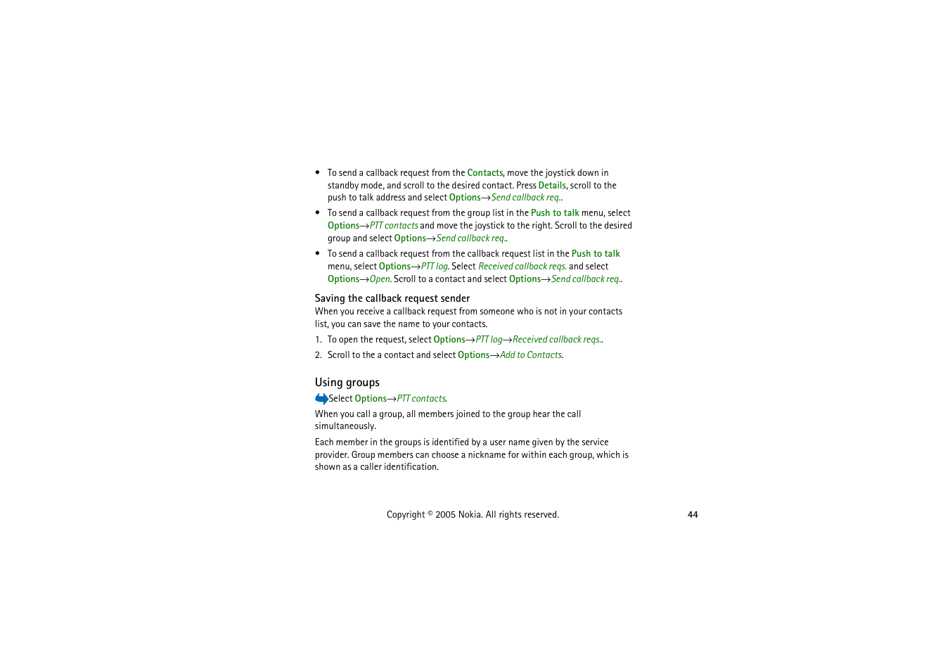 Saving the callback request sender, Using groups | Nokia 3230 User Manual | Page 44 / 210