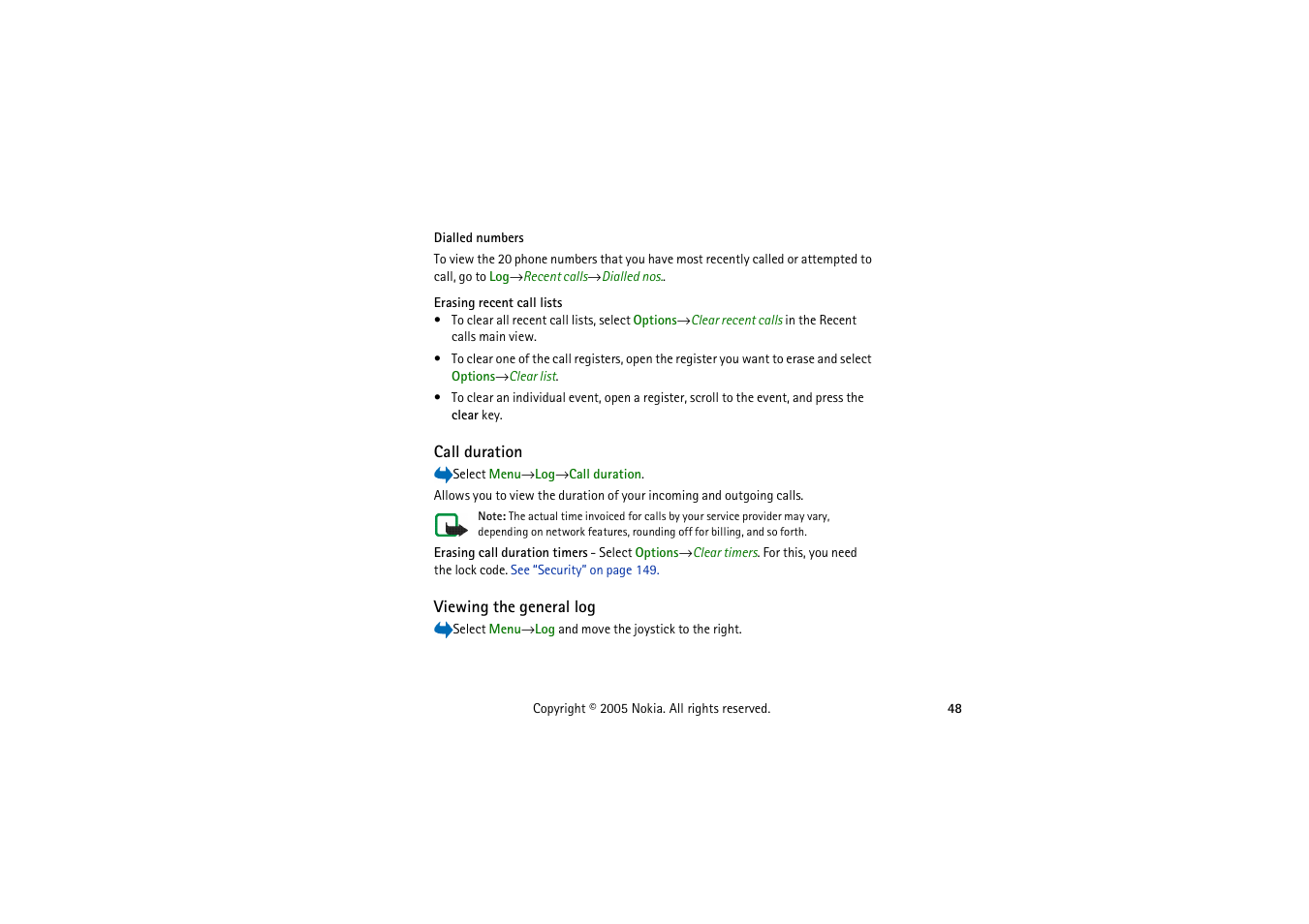 Call duration, Viewing the general log, Call duration viewing the general log | Nokia 3230 User Manual | Page 48 / 210