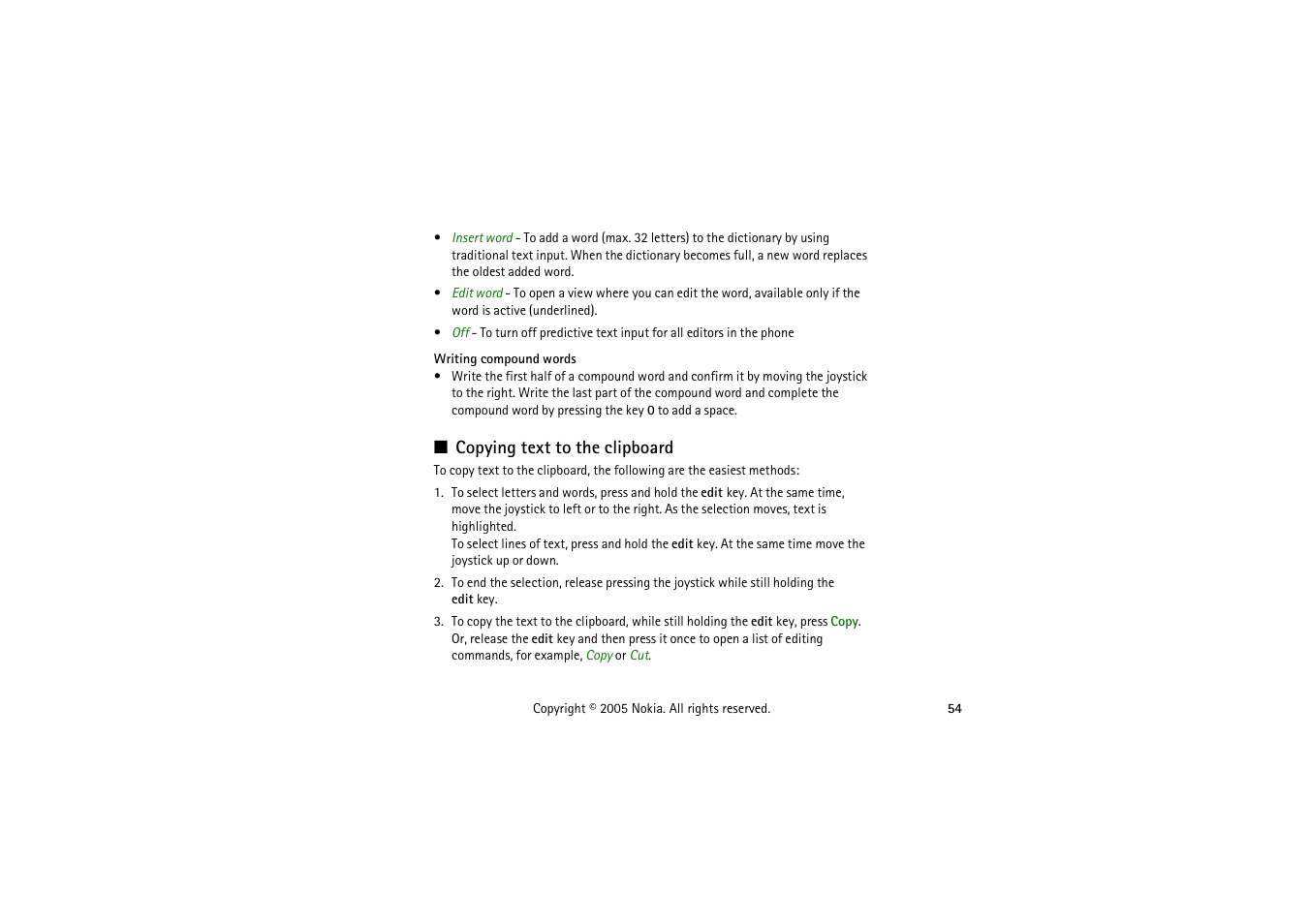 Copying text to the clipboard | Nokia 3230 User Manual | Page 54 / 210