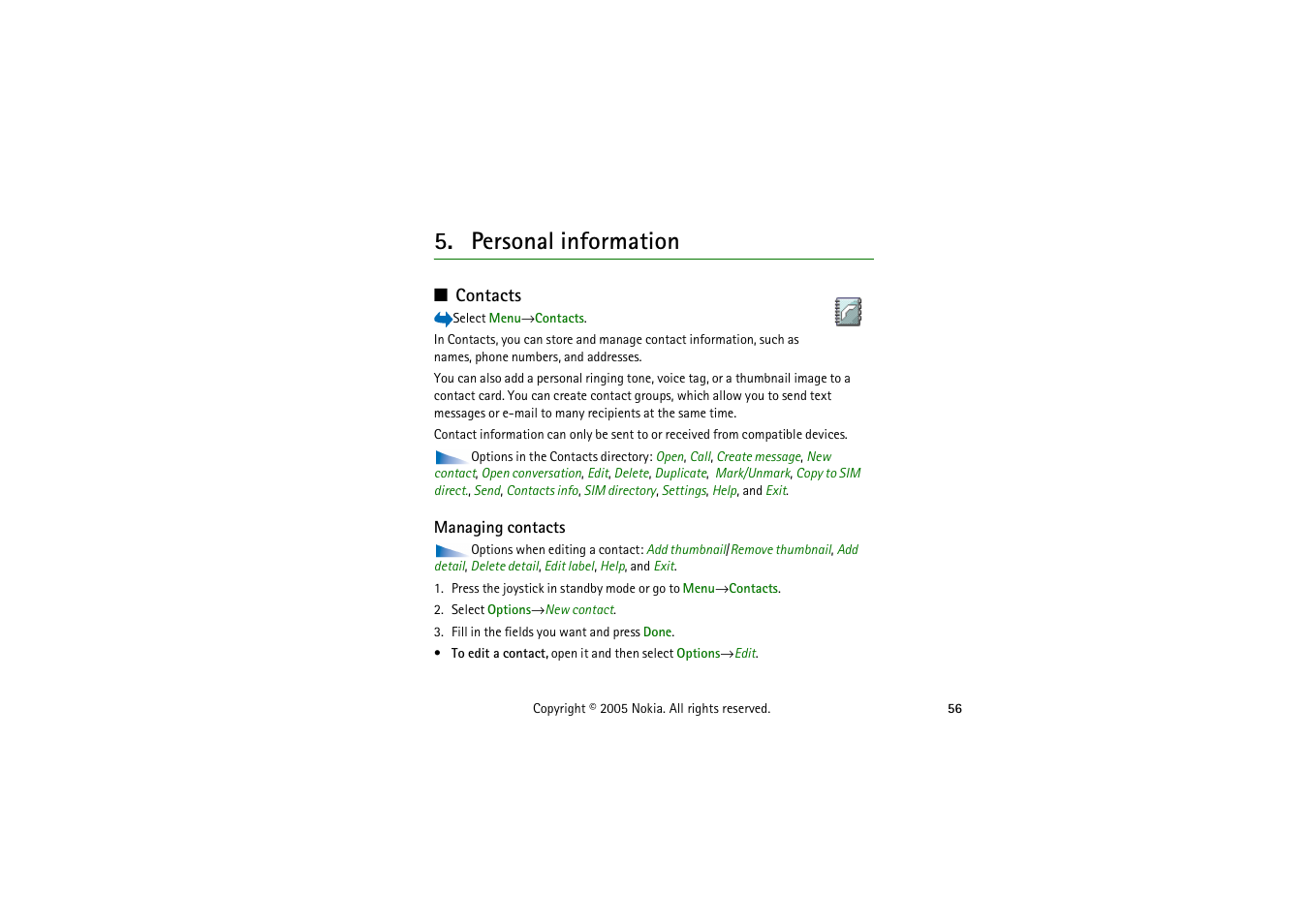 Personal information, Contacts, Managing contacts | Nokia 3230 User Manual | Page 56 / 210