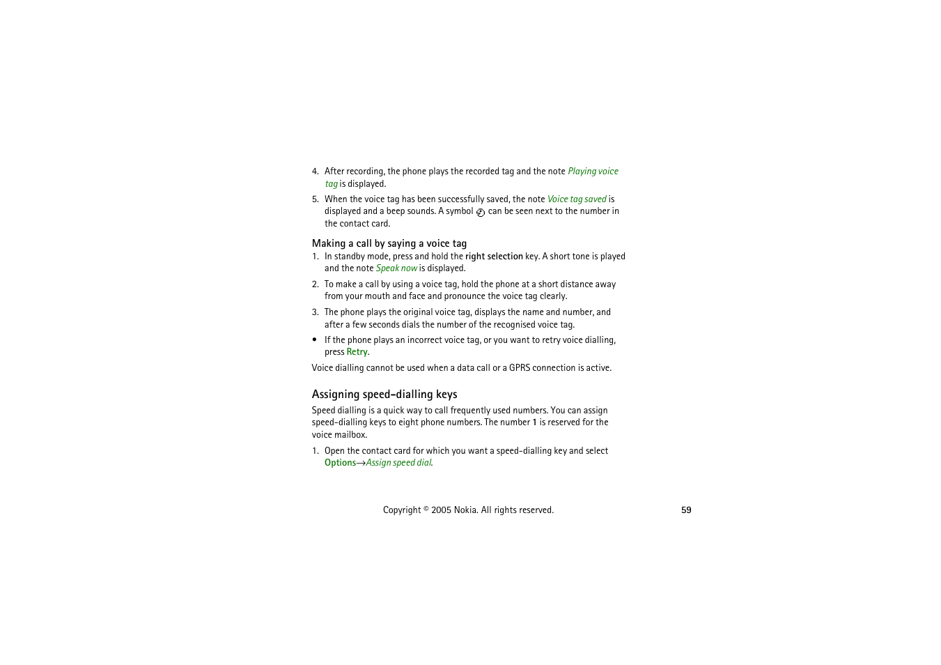 Making a call by saying a voice tag, Assigning speed-dialling keys | Nokia 3230 User Manual | Page 59 / 210