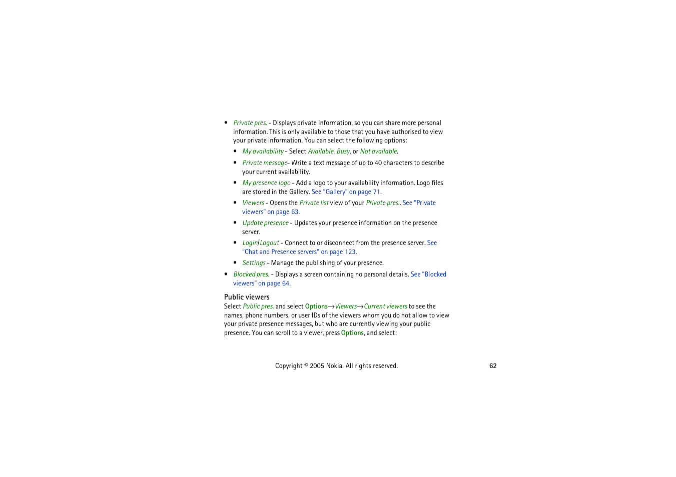 Public viewers, See “public | Nokia 3230 User Manual | Page 62 / 210
