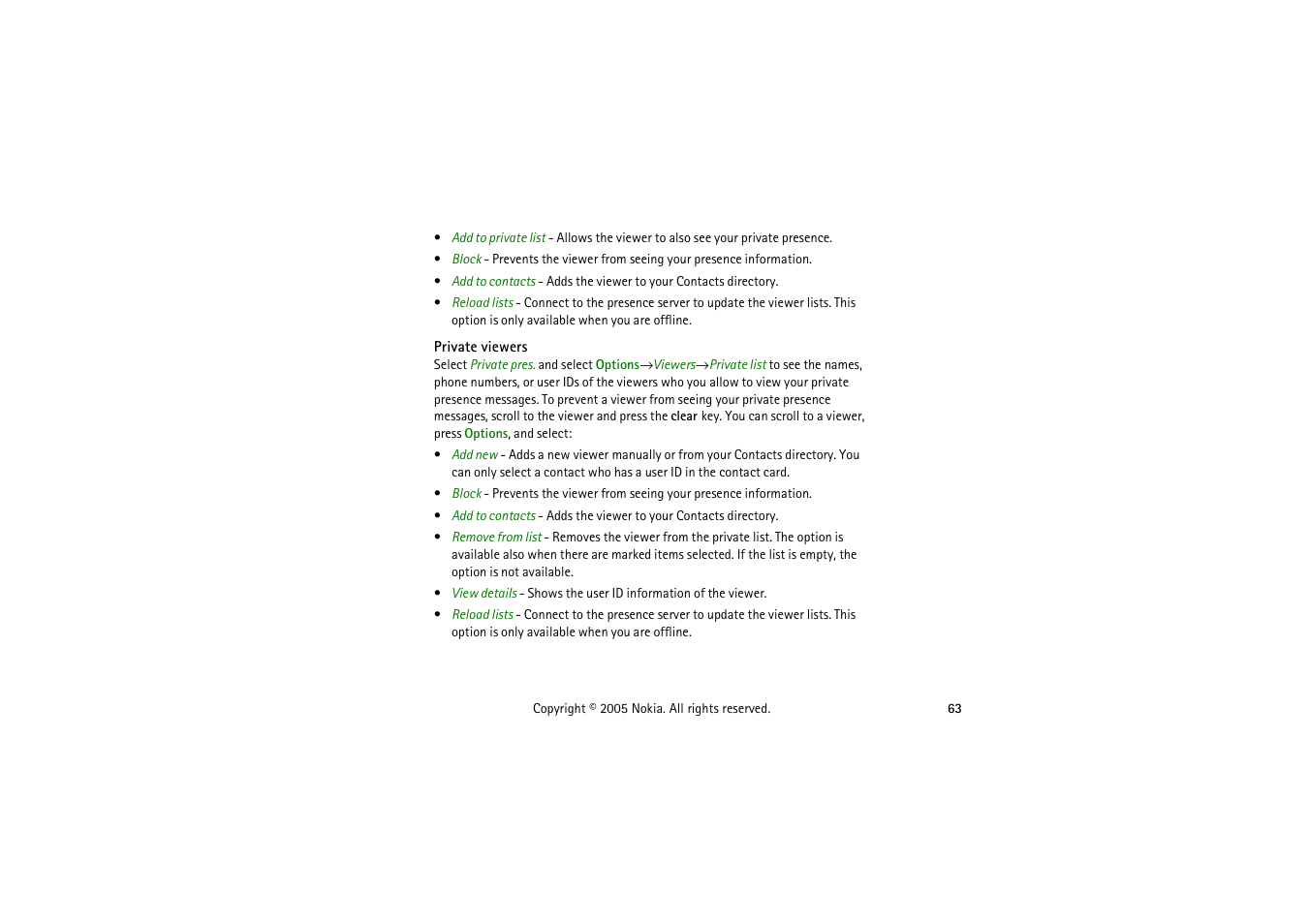 Private viewers, See “private | Nokia 3230 User Manual | Page 63 / 210