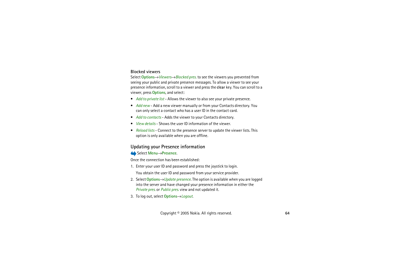 Blocked viewers, Updating your presence information, See “blocked | Nokia 3230 User Manual | Page 64 / 210