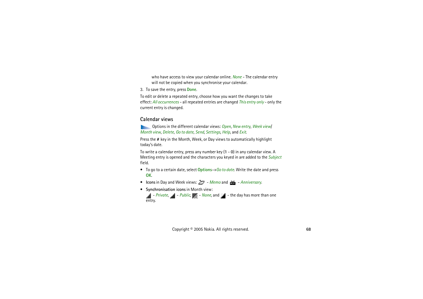 Calendar views | Nokia 3230 User Manual | Page 68 / 210