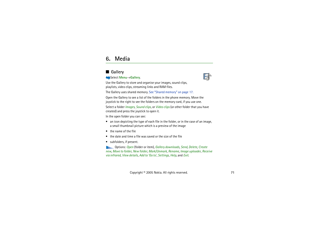 Media, Gallery | Nokia 3230 User Manual | Page 71 / 210