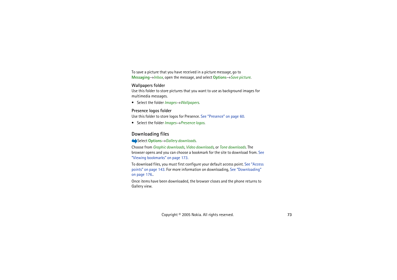 Wallpapers folder, Presence logos folder, Downloading files | Nokia 3230 User Manual | Page 73 / 210