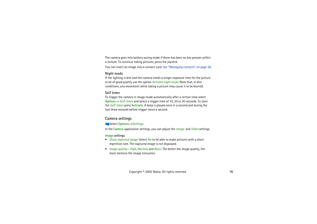 Night mode, Self timer, Camera settings | Night mode self timer | Nokia 3230 User Manual | Page 76 / 210