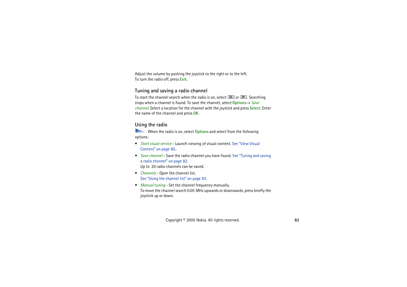 Tuning and saving a radio channel, Using the radio, Tuning and saving a radio channel using the radio | Nokia 3230 User Manual | Page 82 / 210