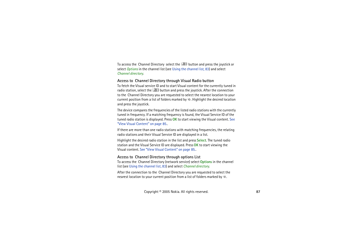 Access to channel directory through options list | Nokia 3230 User Manual | Page 87 / 210