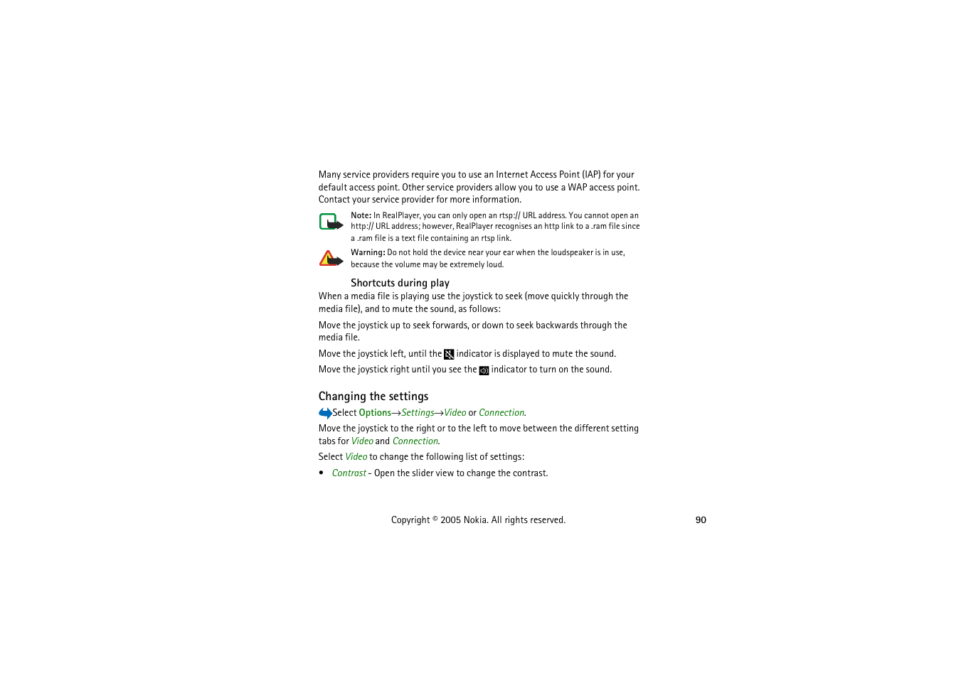 Shortcuts during play, Changing the settings | Nokia 3230 User Manual | Page 90 / 210
