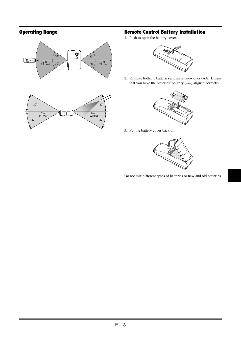 Operating range, Remote control battery installation, E–13 | Nokia VT45K User Manual | Page 15 / 45