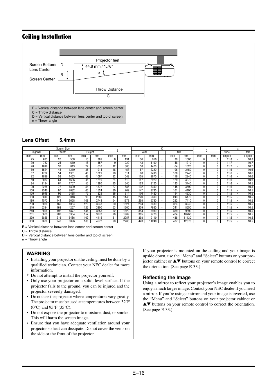 Ceiling installation, E–16, Warning | Reflecting the image, Lens offset 5.4mm | Nokia VT45K User Manual | Page 18 / 45