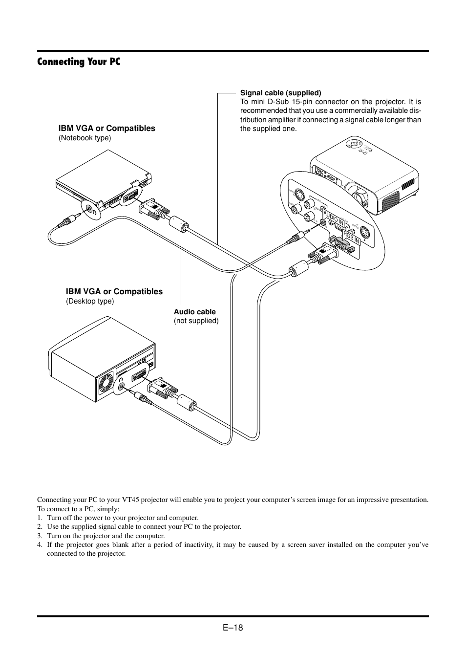 Connecting your pc, E–18, Ibm vga or compatibles | Cn a c el | Nokia VT45K User Manual | Page 20 / 45