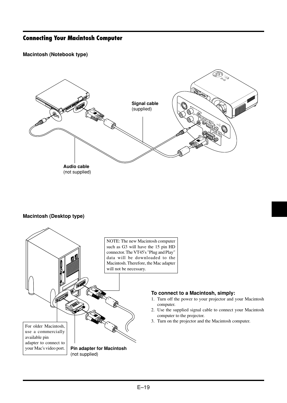 Connecting your macintosh computer, E–19, Macintosh (desktop type) | Nokia VT45K User Manual | Page 21 / 45