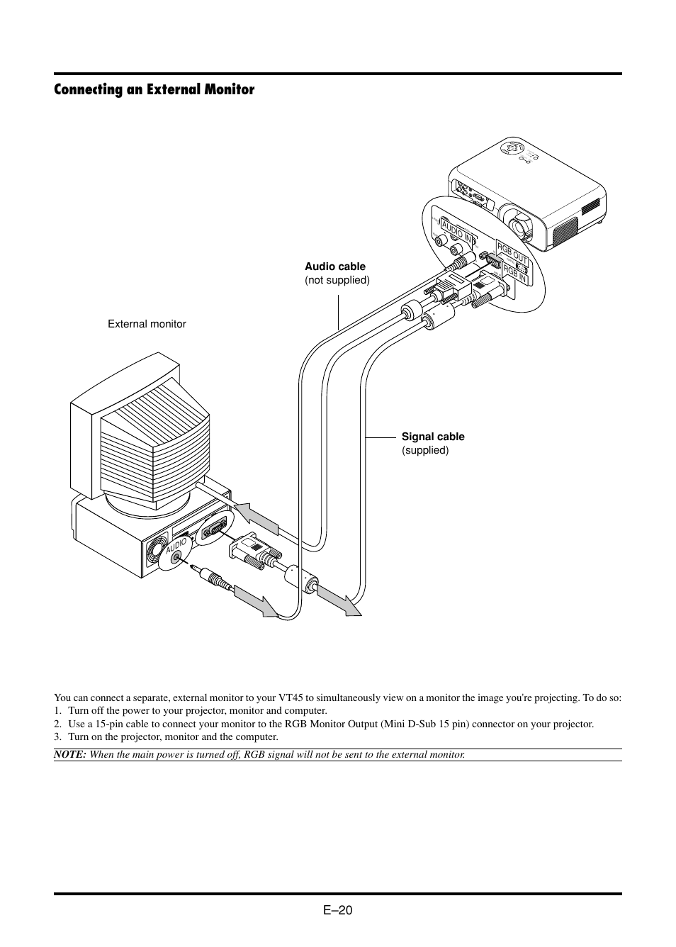 Connecting an external monitor, E–20, Cn a c el | Nokia VT45K User Manual | Page 22 / 45