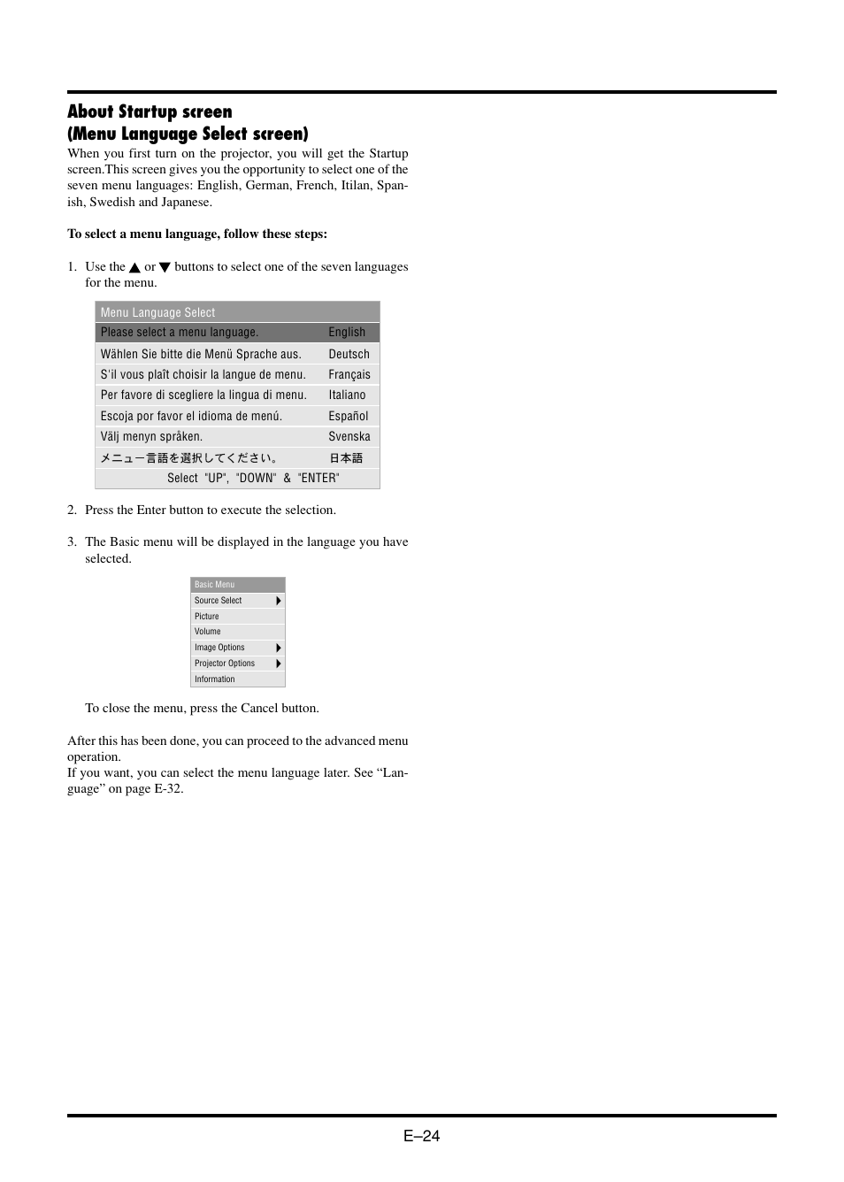 About startup screen (menu language select screen), E–24 | Nokia VT45K User Manual | Page 26 / 45