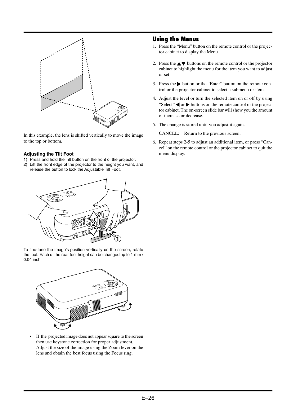 Using the menus, E–26, Adjusting the tilt foot | Nokia VT45K User Manual | Page 28 / 45