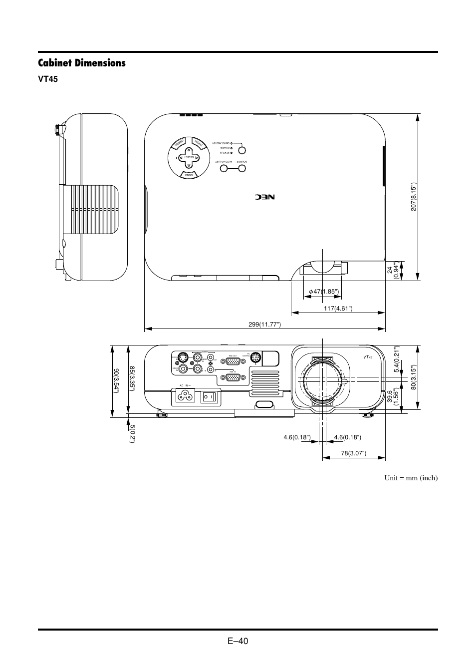 Cabinet dimensions, E–40, Vt45 | Unit = mm (inch) | Nokia VT45K User Manual | Page 42 / 45