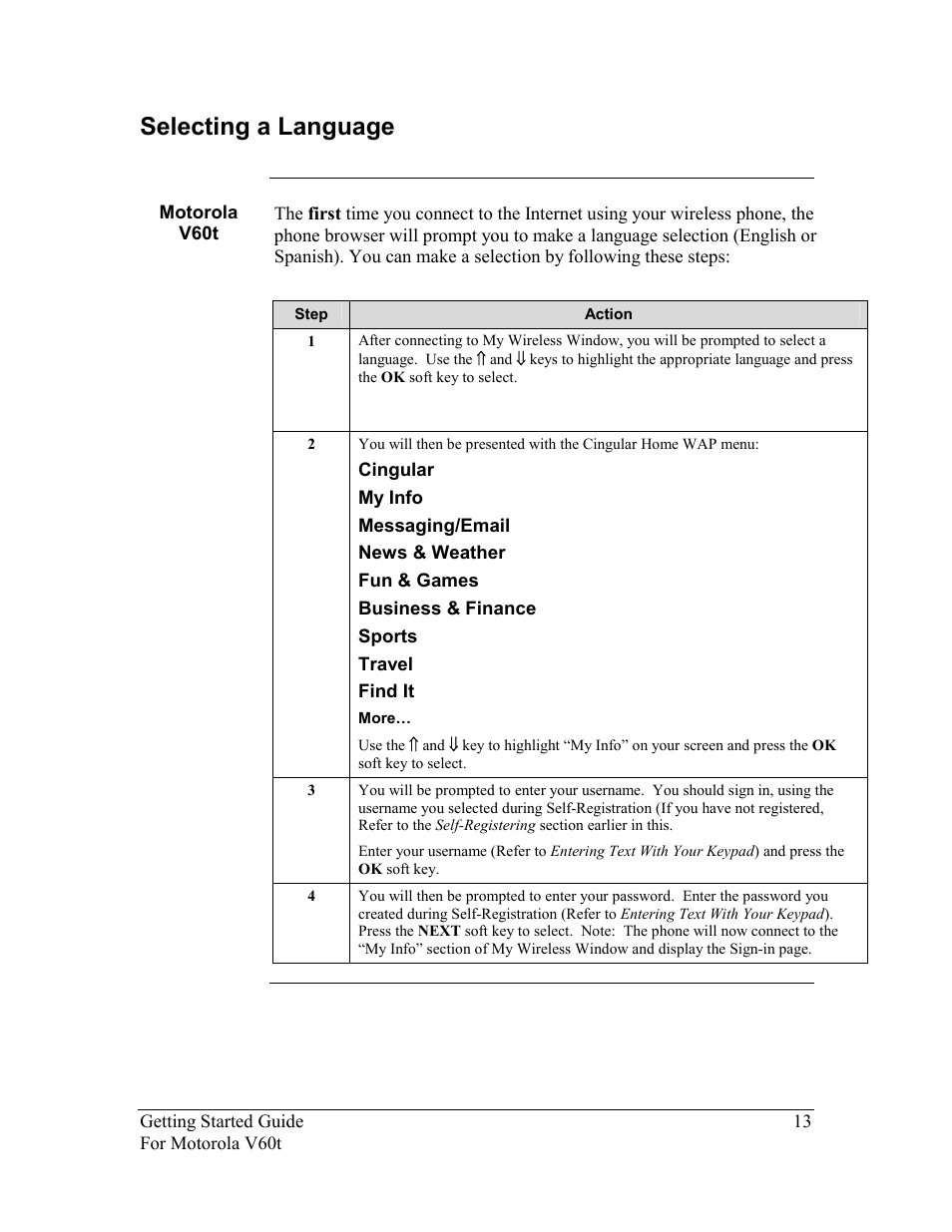 Selecting a language, Motorola v60t, Electing a | Anguage | Nokia Motorola User Manual | Page 14 / 23