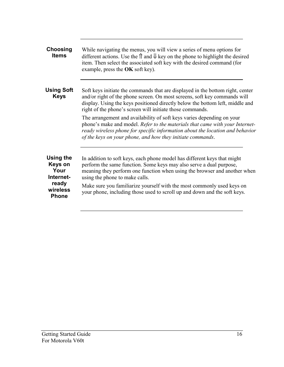 Choosing items, Using soft keys | Nokia Motorola User Manual | Page 17 / 23