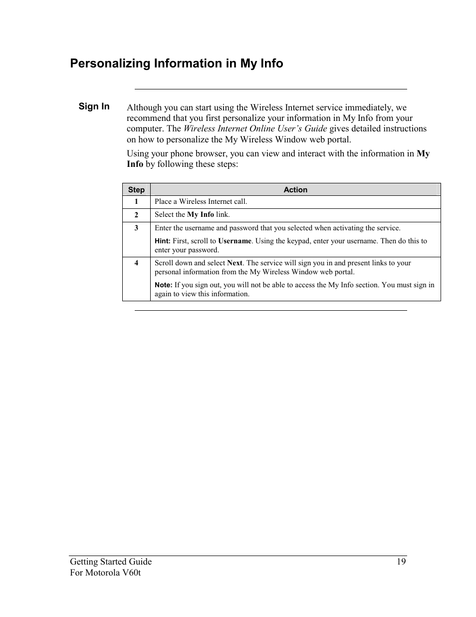 Personalizing information in my info, Sign in, Ersonalizing | Nformation in | Nokia Motorola User Manual | Page 20 / 23