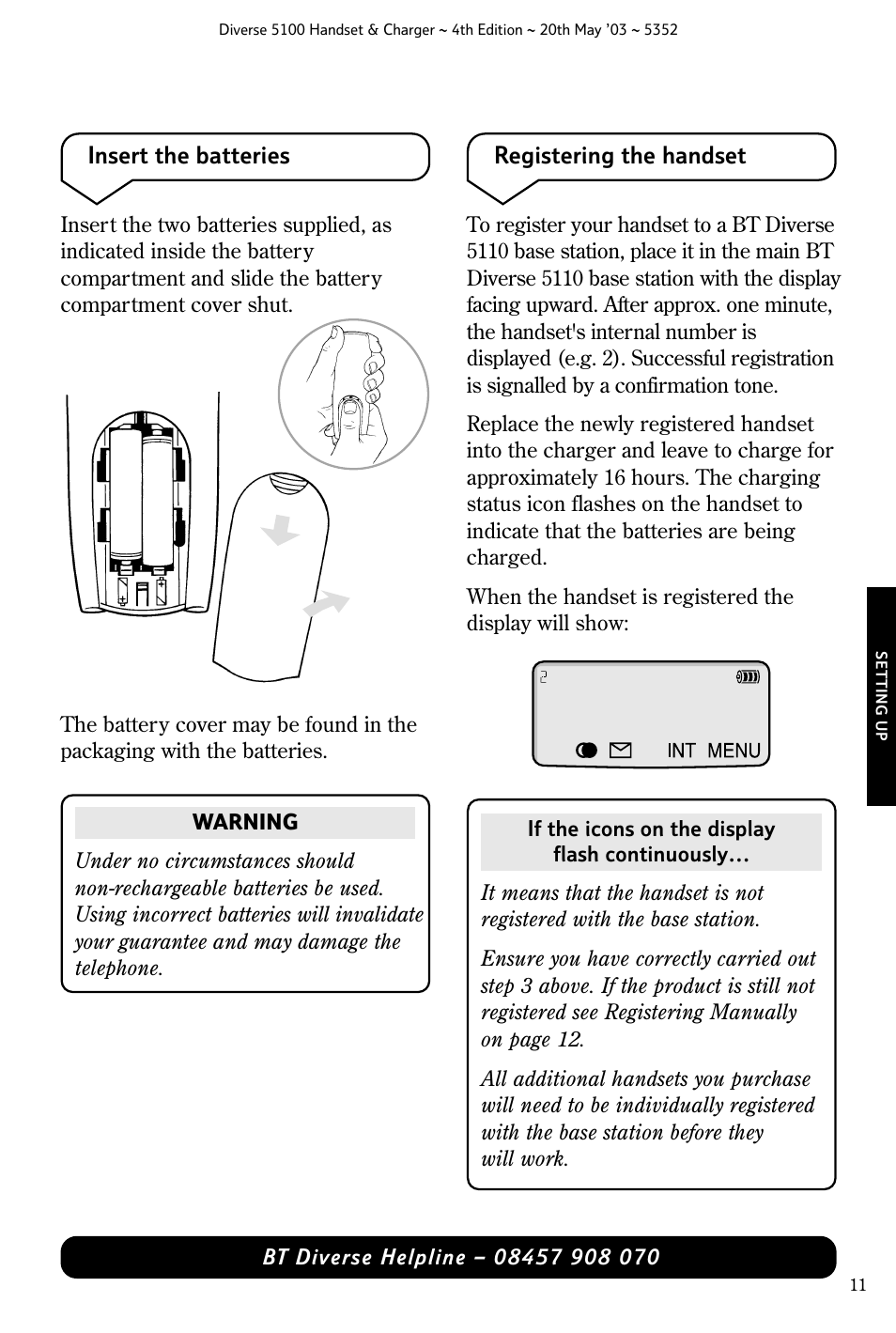 Insert the batteries registering the handset | Nokia BT DIVERSE 5100 User Manual | Page 13 / 40