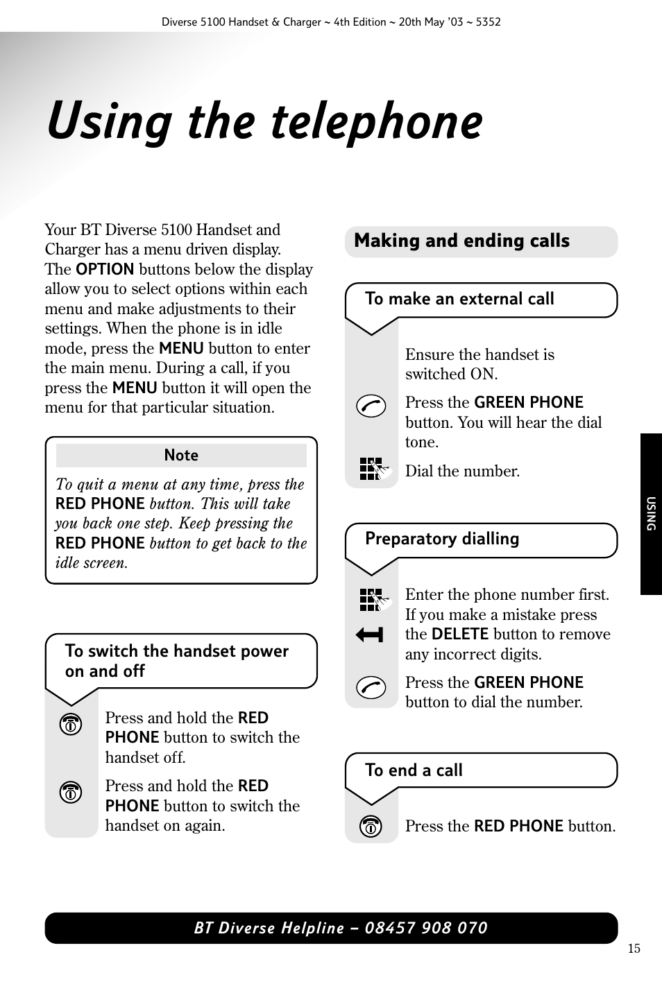 Using the telephone | Nokia BT DIVERSE 5100 User Manual | Page 17 / 40