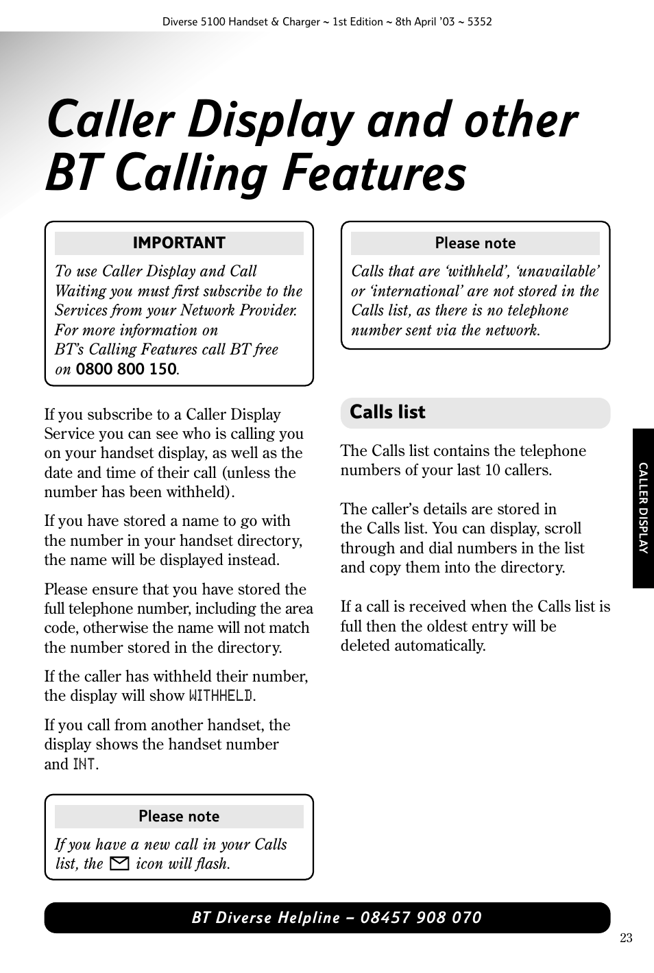 Caller display and other bt calling features, Calls list | Nokia BT DIVERSE 5100 User Manual | Page 25 / 40