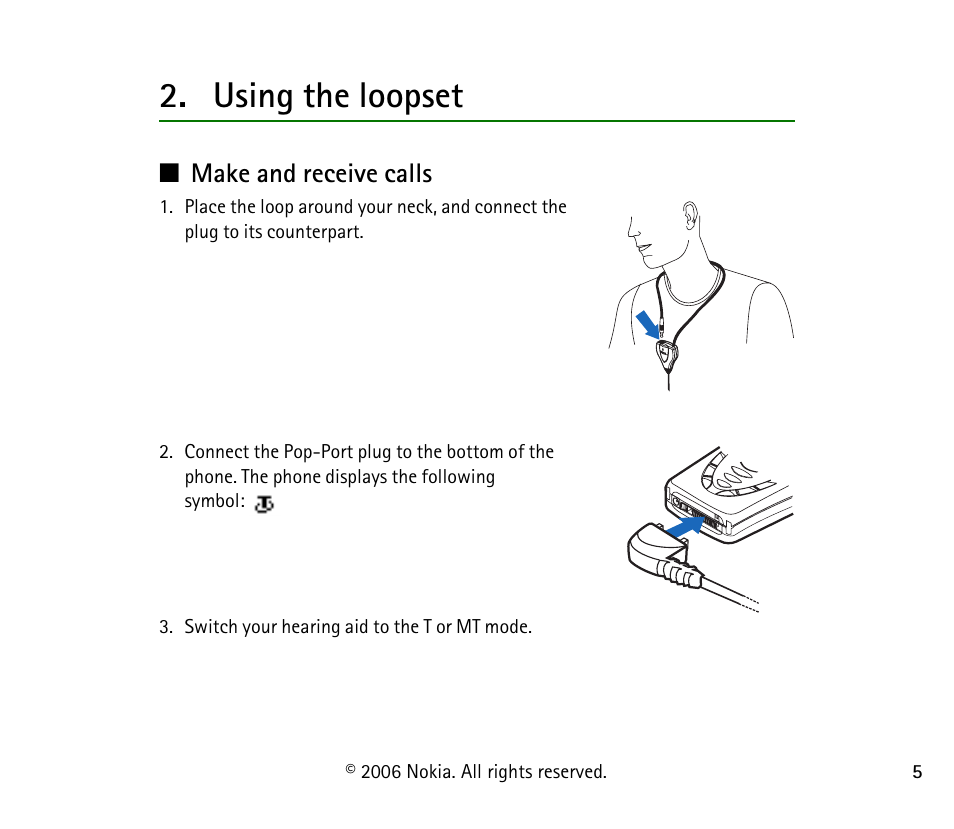 Using the loopset, Make and receive calls | Nokia LPS-4 User Manual | Page 5 / 9