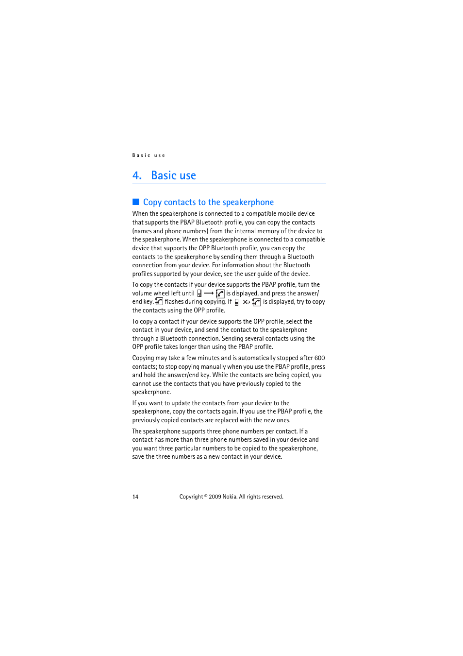 Basic use, Copy contacts to the speakerphone | Nokia HF-510 User Manual | Page 14 / 20
