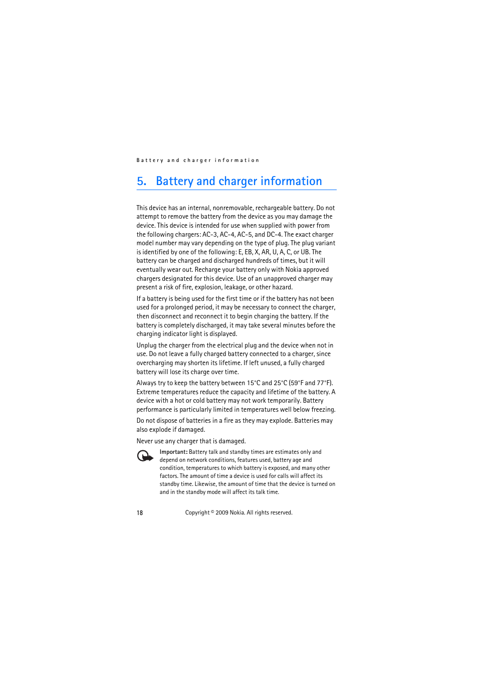 Battery and charger information, Battery and charger, Information | Nokia HF-510 User Manual | Page 18 / 20