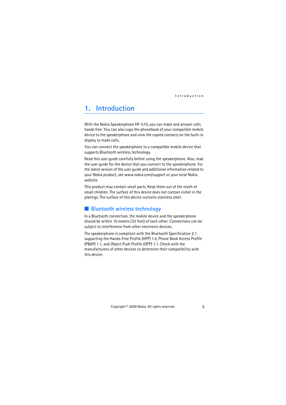 Introduction, Bluetooth wireless technology | Nokia HF-510 User Manual | Page 5 / 20