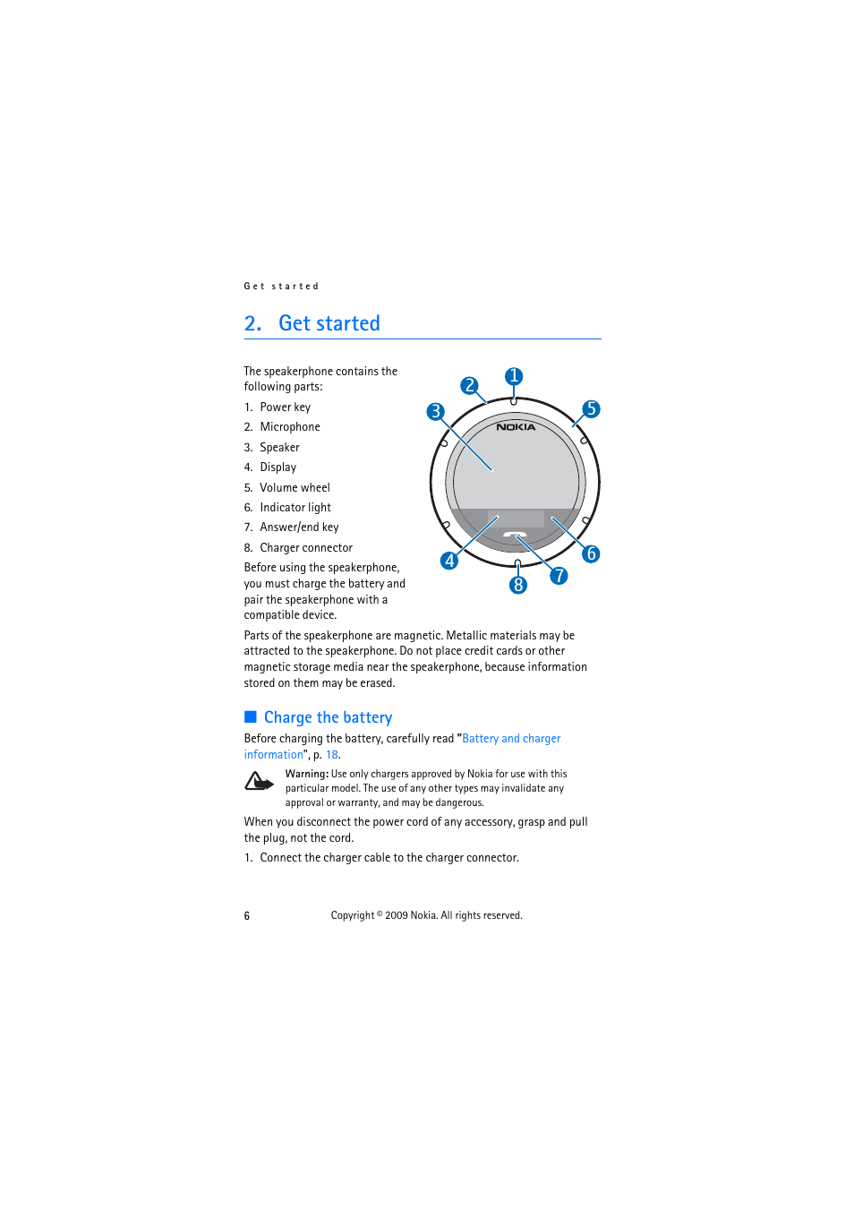 Get started, Charge the battery | Nokia HF-510 User Manual | Page 6 / 20