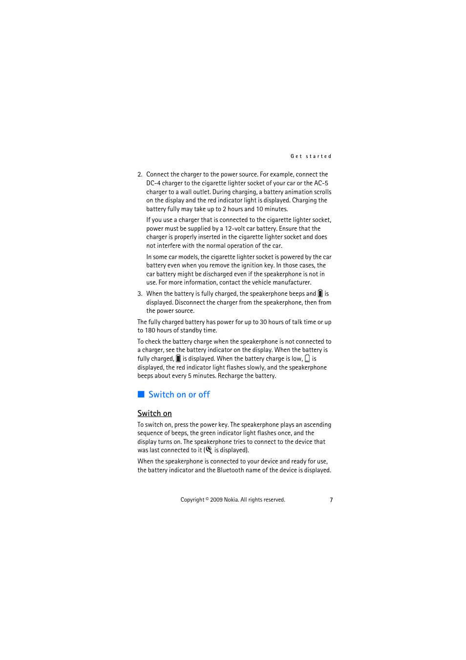 Switch on or off, Switch on | Nokia HF-510 User Manual | Page 7 / 20