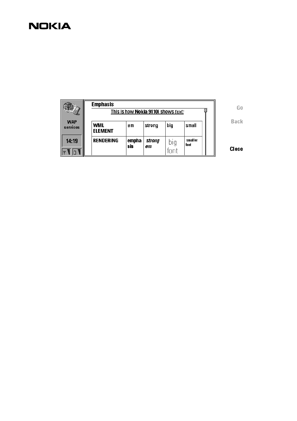 Text formatting elements, Line break | Nokia 9110i User Manual | Page 15 / 26