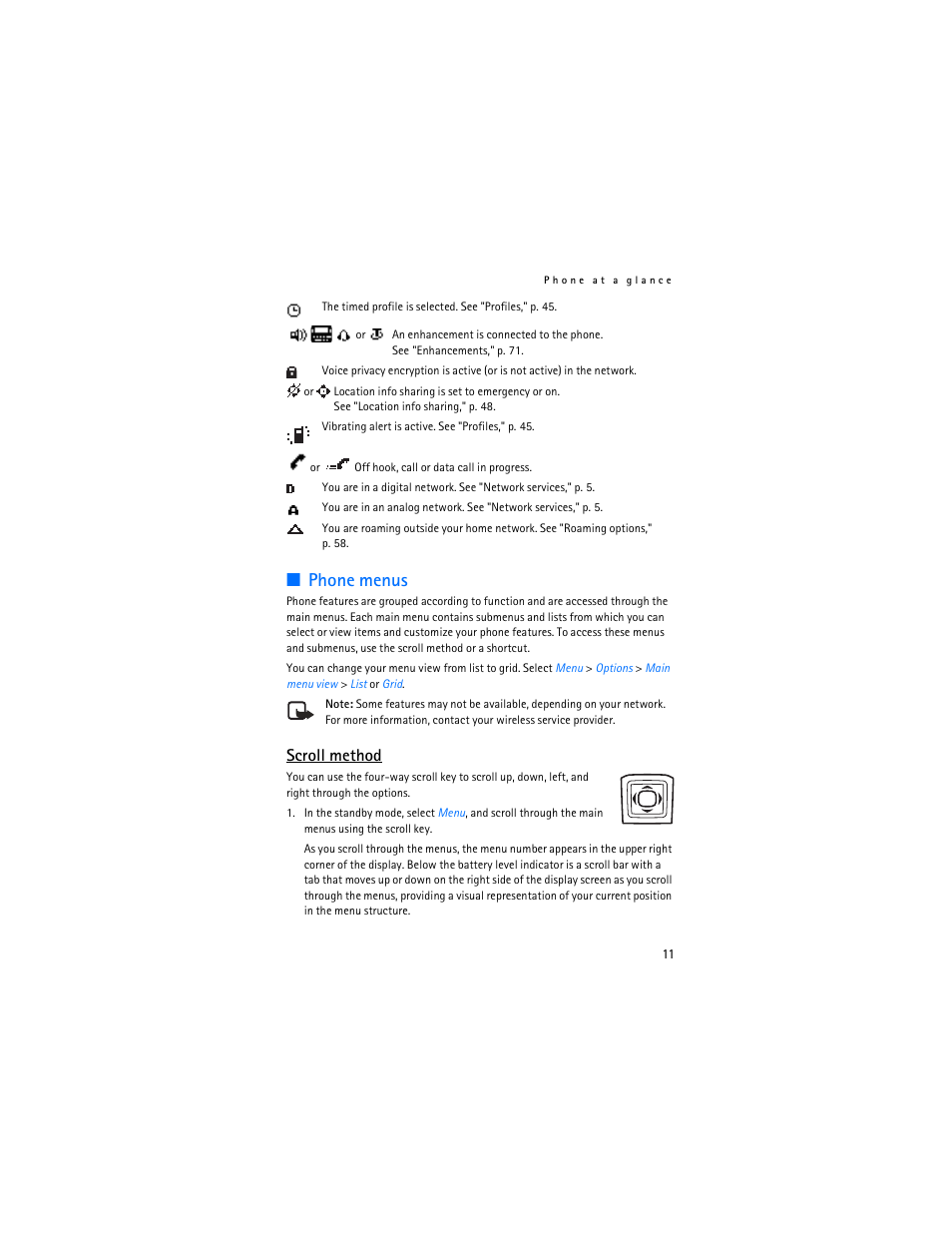Phone menus, Scroll method | Nokia 3155i User Manual | Page 12 / 85