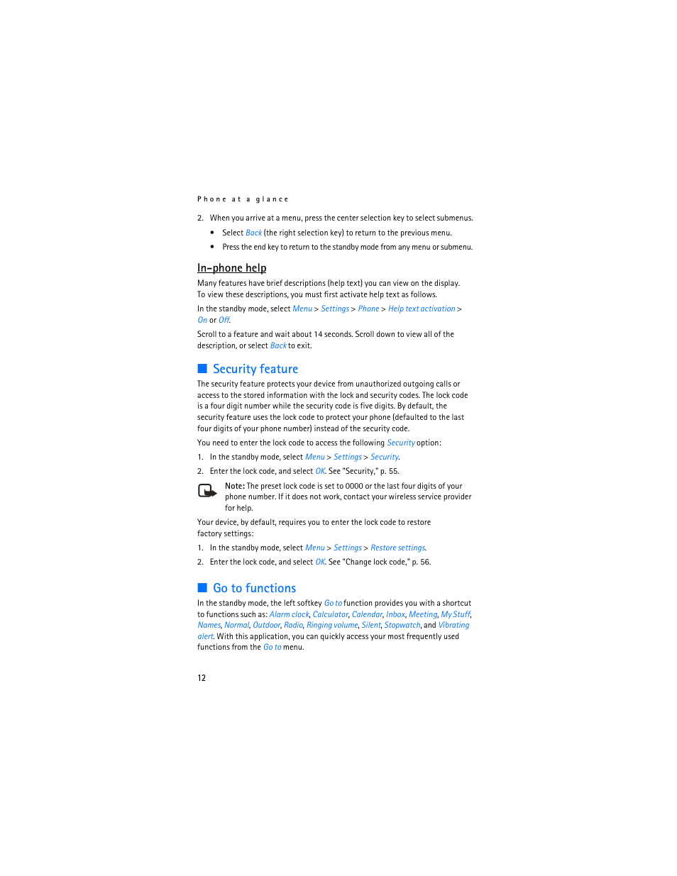 Security feature, Go to functions, In-phone help | Nokia 3155i User Manual | Page 13 / 85