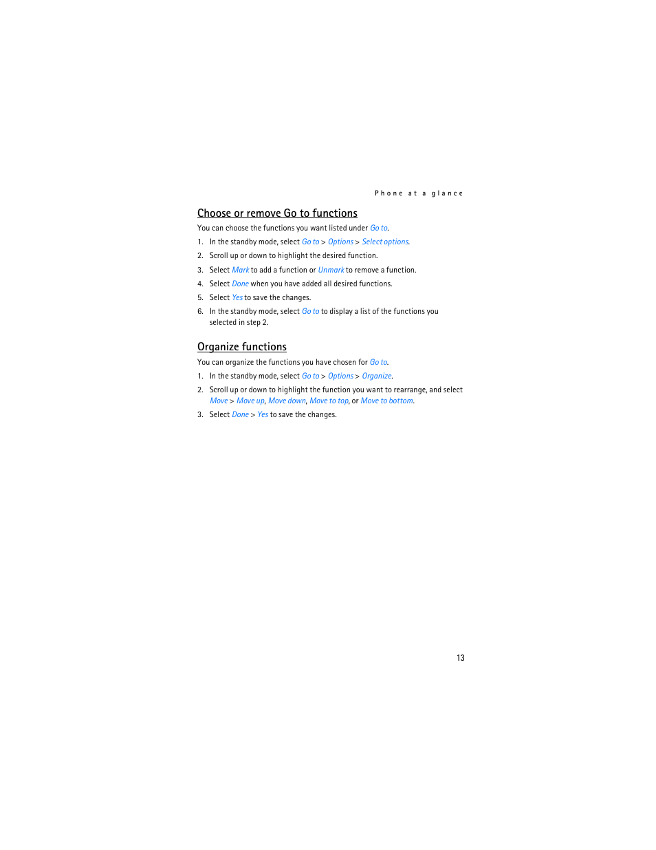 Choose or remove go to functions, Organize functions | Nokia 3155i User Manual | Page 14 / 85