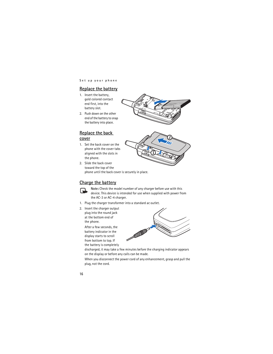 Replace the battery, Replace the back cover, Charge the battery | Nokia 3155i User Manual | Page 17 / 85