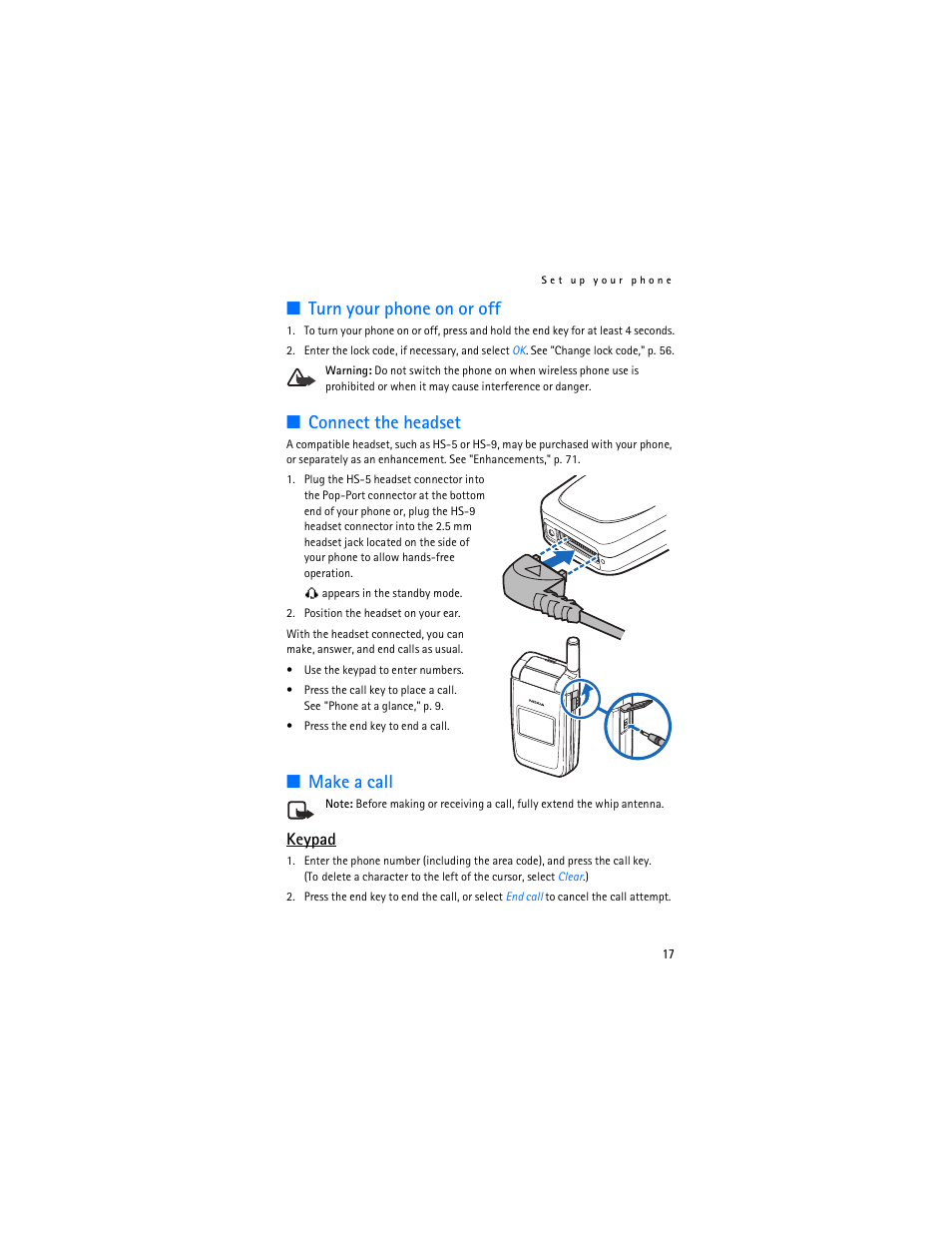 Turn your phone on or off, Connect the headset, Make a call | Keypad | Nokia 3155i User Manual | Page 18 / 85